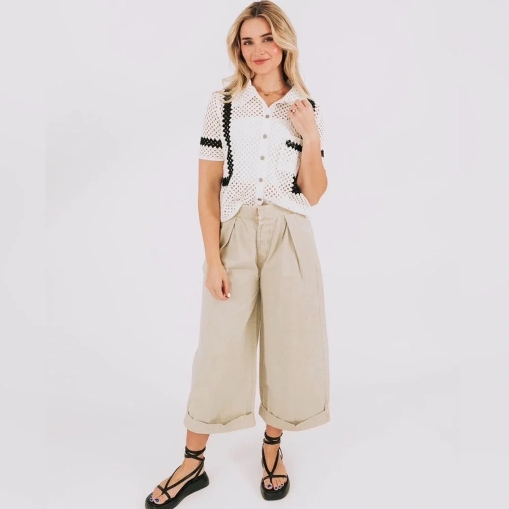 Free People After Love Cuff Pants Khaki Wide Leg Medium Oversized EUC